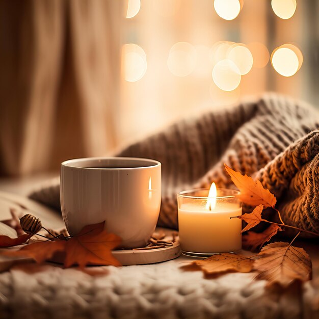 Herfst esthetiek herfst interieur met gezellige deken en brandende kaarsen close-up shot