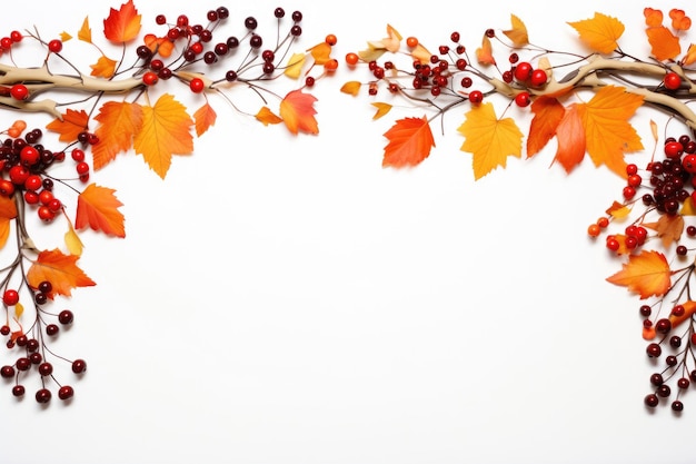 Herfst framerand van bladeren en bessen op een witte achtergrond