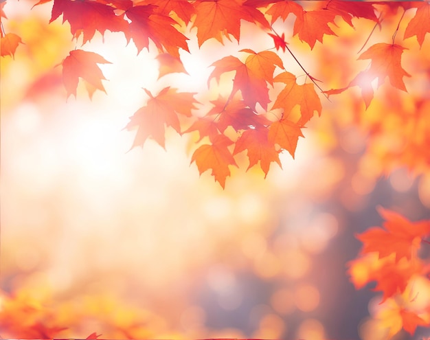 Herfst geeloranje achtergrond met bladeren en bokeh AI