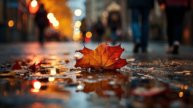 Herfst gele bladeren vallen op natte regenachtige stoep avond stad wazig licht