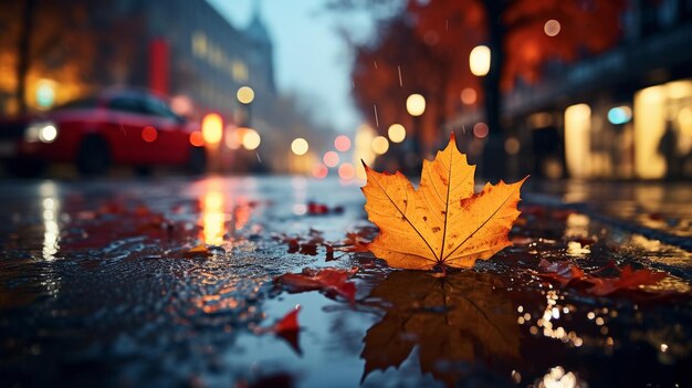 Herfst gele bladeren vallen op natte regenachtige stoep avond stad wazig licht