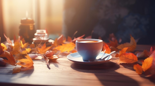 Herfst gezellige koffie achtergrond Illustratie AI GenerativexA