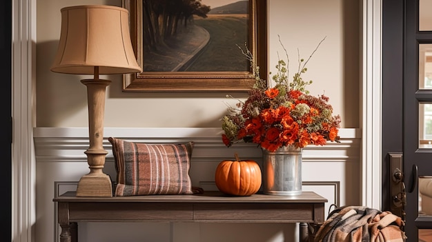Herfst hal decoratie interieurontwerp en huis decoratie verwelkomend herfst ingang meubels trap en ingang hal huis decoratie in een Engelse landhuis en cottage stijl