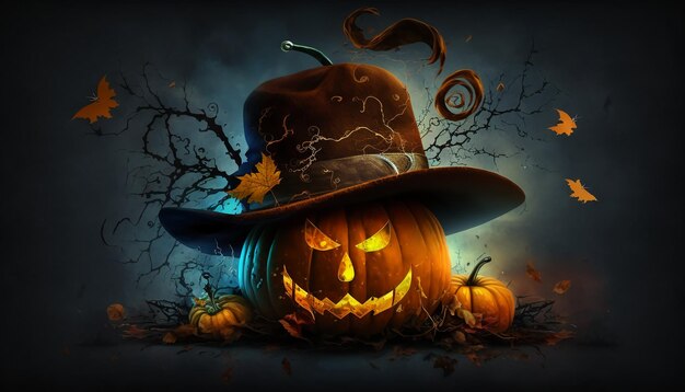 Herfst Halloween-nacht een pompoen met een hoed