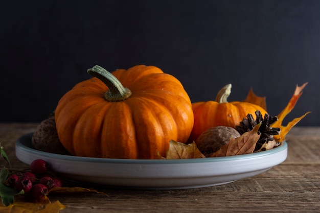 Herfst, herfst thanksgiving met oranje pompoen in plaat rustiek hout