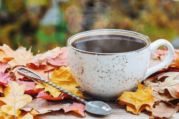 Foto herfst, herfstbladeren, hete dampende kop koffie.