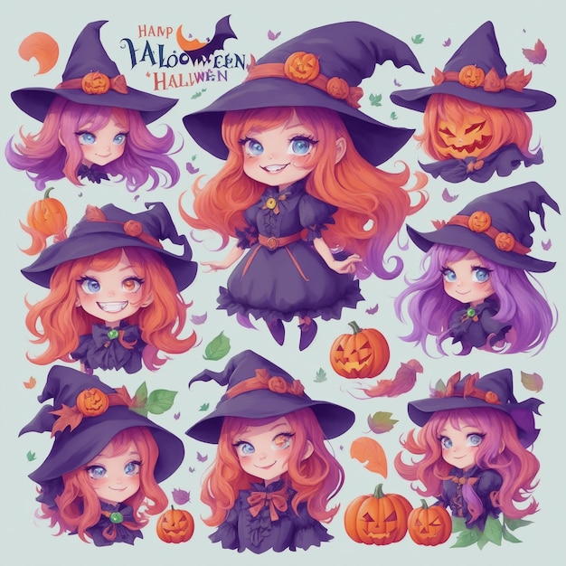 herfst iconpack van een charmant meisje als Halloween heks willekeurige gezichtsuitdrukkingen willekeurig kleur