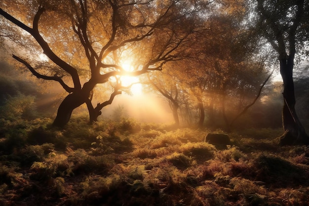 Herfst in het bos met zonnestralen en mist