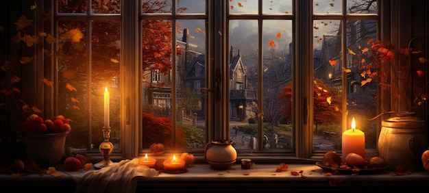 Herfst in het raam behang val sinaasappel bladeren kaarsen pompoen september november oktober gezellig