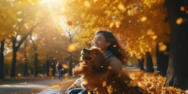 Herfst in stadspark vrouw lopen en spelen met gelukkige spaniel hondgele bladeren herfst gouden zonnige dag