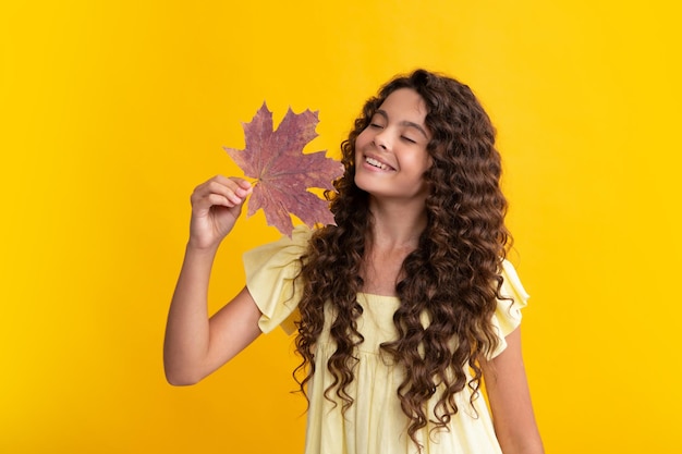 Herfst kinderen Tienermeisje houdt eiken en esdoornblad vast op gele achtergrond Gelukkige positieve en lachende emoties van tienermeisje