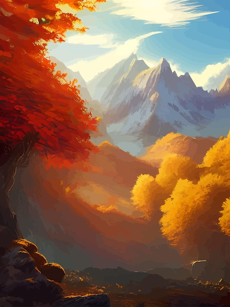 Herfst landschap bos bomen met zon in de ochtend vector cartoon panoramisch medio herfst velden bergen bladeren