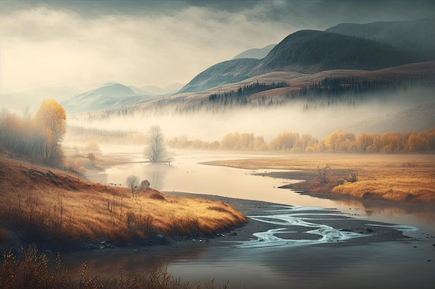 Herfst landschap met mist en waas over de rivier op de achtergrond van heuvels