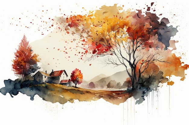 Herfst landschap met vallende bladeren in aquarellen