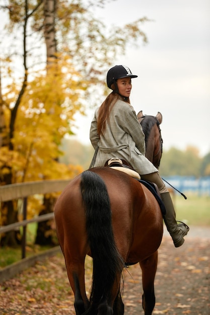 Herfst landschap mooi brunette meisje met lang haar poseren met een rood paard in het bos