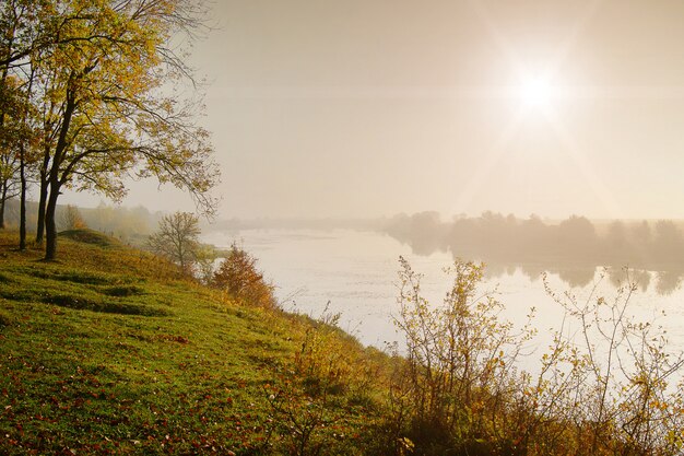 Foto herfst landschap over de rivier en het bos