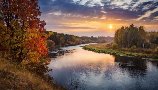 Herfst landschap rivier bij zonsondergang