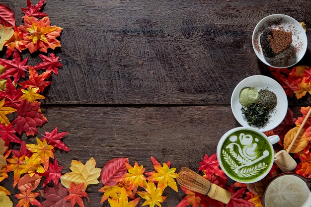 Herfst, Matcha groene theekopje hout