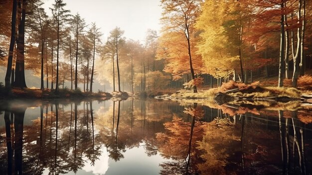 Foto herfst meer boslandschap reflectie op het water ai gegenereerde afbeelding