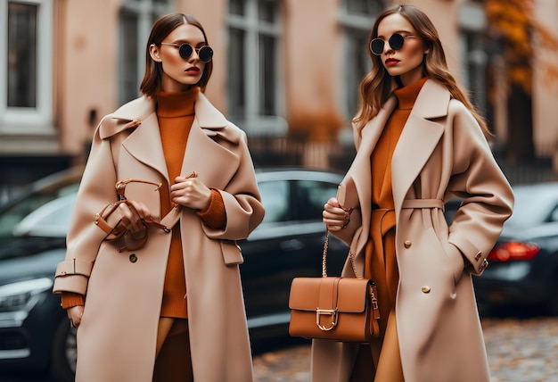 Foto herfst mode twee vrouwen in trendy kleren jas