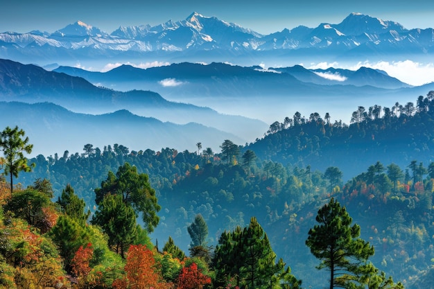 Herfst ochtend in Kausani Zwitserland van India Himalayas uitzicht
