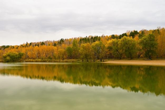 Herfst Omsk stad in mist Om rivier en herfst oranje bossen