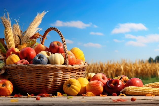 Herfst oogst in een rieten mand op een houten tafel Basket van pompoenen appels en maïs Op oogst tafel met veldbomen en hemel achtergrond AI gegenereerd