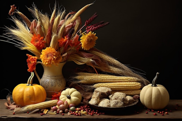 Herfst oogst kleurrijke pompoenen en pompoenen maïs bloemen op een tafel