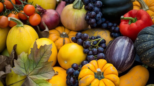 Herfst oogst overvloedige verse groenten en fruit op een boerenmarkt