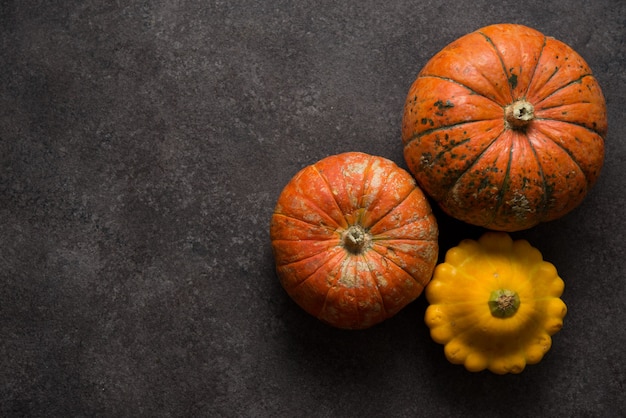 Herfst oranje mini pompoen op een betonnen achtergrond, bovenaanzicht, kopieer ruimte,