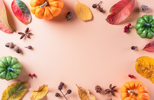 Herfst plat lag decor van droge bladeren en pompoen met kopie ruimte