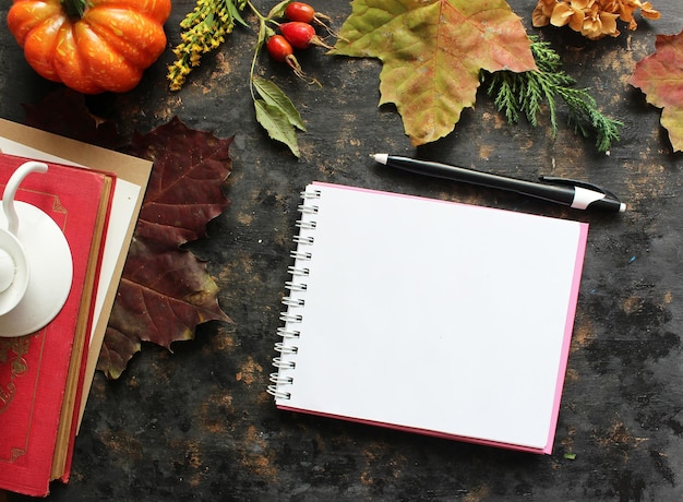 Herfst plat lag met kleine pompoenen vallen esdoorn bladeren en blanco papieren notitieboekje op een witte achtergrond Het concept van september en school mockup