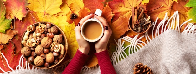 Herfst plat lag. Vrouwelijke handen met kopje koffie, beige plaid, houten kom met noten