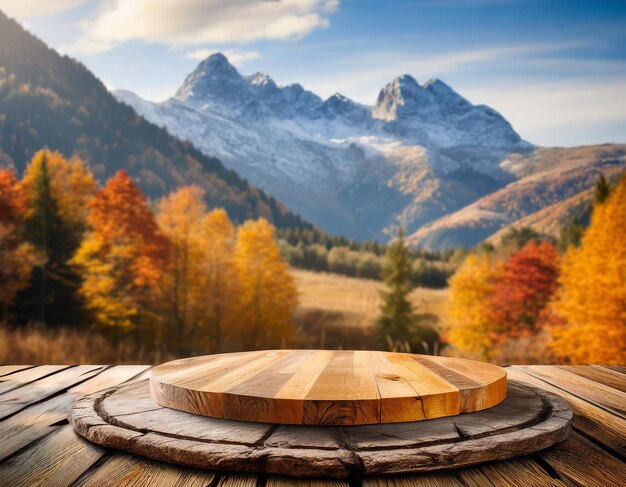 Herfst podium tafeltop tegen de achtergrond van een natuur van bergen