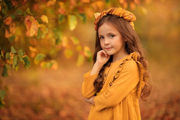 Herfst portret van een mooi meisje, wandelen in het park met een krans van gele bladeren