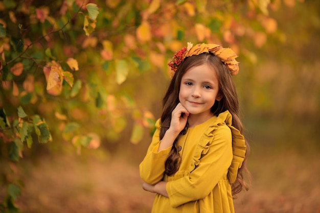 Herfst portret van een mooi meisje, wandelen in het park met een krans van gele bladeren