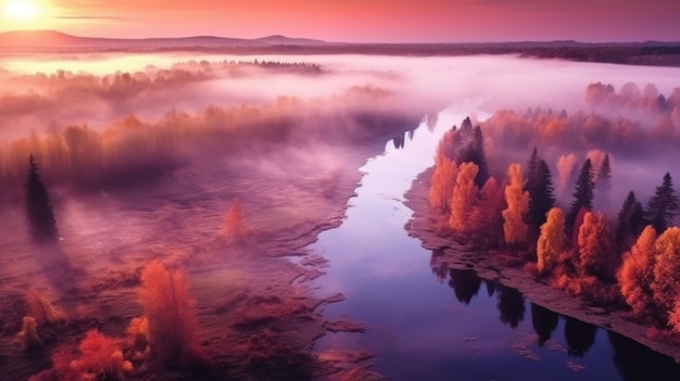 herfst rivier in de mist Uitzicht van bovenaf