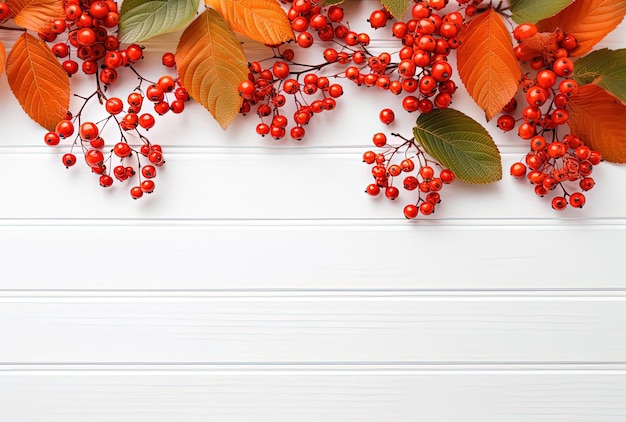 herfst rode en oranje bessen met bladeren op witte houten toonbank minimalistische achtergrond