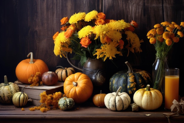 Herfst samenstelling achtergrond met pompoenen en bloemen