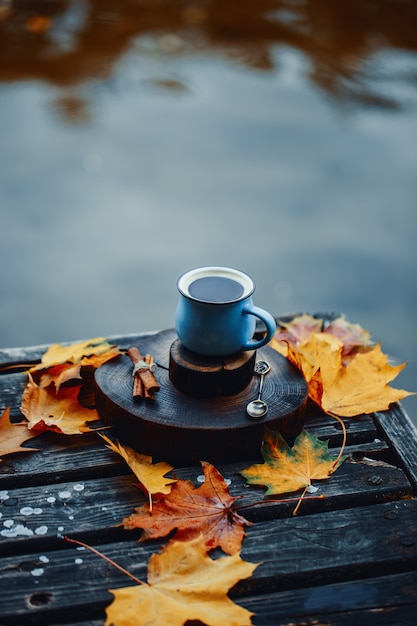 Herfst samenstelling buiten. Herfst. Een kop warme koffie buiten.