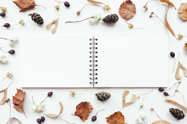 Herfst samenstelling herfstbladeren notebook op witte achtergrond herfst herfst concept plat lag bovenaanzicht