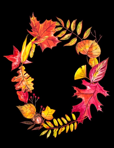 Herfst samenstelling. Krans gemaakt van herfst bessen en bladeren. Aquarel illustraties.