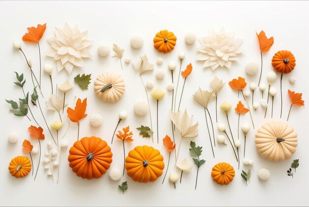 Herfst samenstelling met bladeren pompoenen bloemen bessen op beige achtergrond Plat lag bovenaanzicht kopie ruimte Generatieve AI