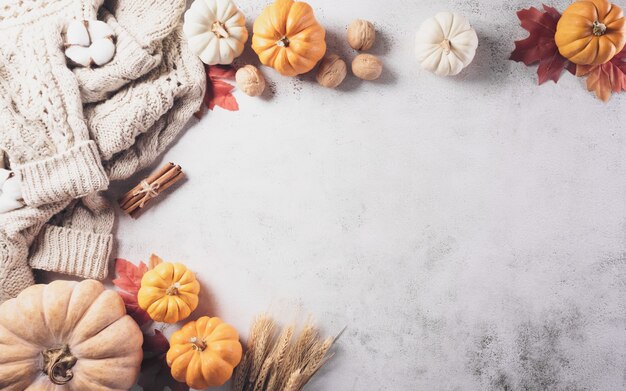 Herfst samenstelling pompoen katoen bloemen herfstbladeren en trui op stenen achtergrond