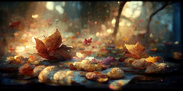 Herfst seizoen bladeren. Digitale afbeelding. Schilderen. Mooi herfstlandschap.