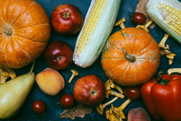 Herfst seizoensgroenten en fruit: pompoen, peer, appels, maïs, cantharellen