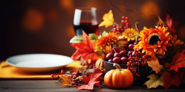 Herfst serveerschaal thema Halloween herfstboeket bord en wijn op tafel Generatieve AI