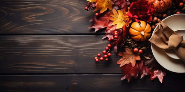 Herfst service op een houten tafelblad bekijken Halloween herfstbladeren en pompoenen Generatieve AI