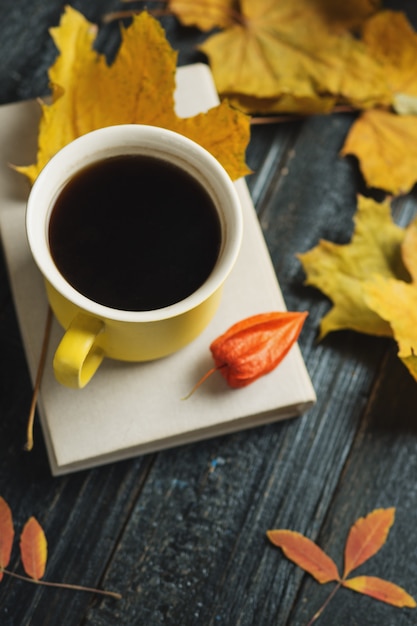 Herfst sfeer van comfort. Kop koffie, boek en de herfst heldere bladeren met copyspace