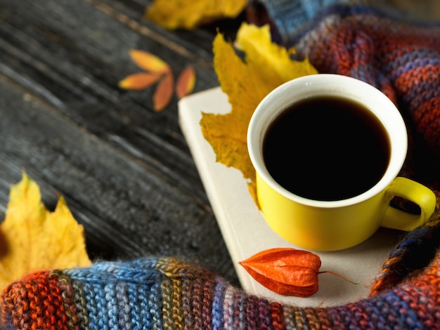 Herfst sfeer van comfort. Kop koffie, boek en de herfst heldere bladeren met copyspace